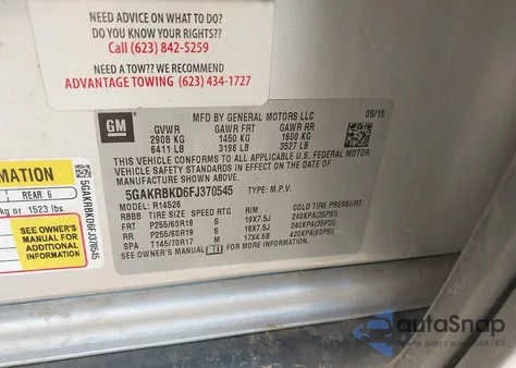 2015 Buick Enclave Leather z USA, uszkodzony, nr VIN 5GAKRBKD6FJ370545